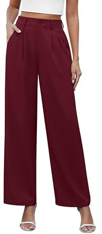 Yommay Damen Hose Elegante Lässig Baggy Sommerhose Leicht Bequem Business Hosen Anzughose mit Taschen,Weinrot,L
