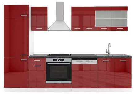 Vicco Küchenzeile R-Line, Bordeaux Hochglanz/Weiß, 300 cm, AP Anthrazit
