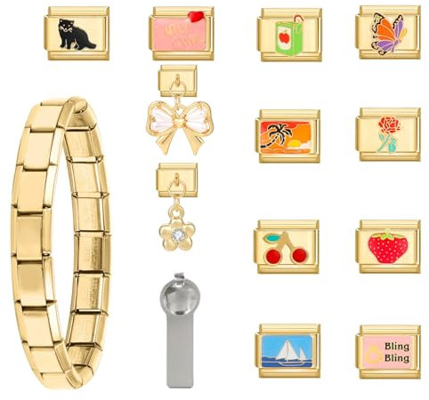 Greenyre 14PCS Italian Charms Bracelet Set Gold 9mm Abnehmbar Edelstahl Modul Armband mit Öffnungswerkzeugen,Italian Style Charms für Damen,Geschenk für mama,grandma,daughter,Father‘s day gifts