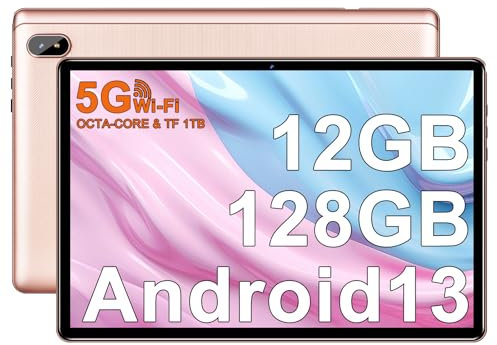 FACETEL Tablet 10 Pulgadas Android 13 Tablet Octa-Core 2.0 GHz, 12GB RAM + 128GB ROM (1TB TF), 5G WiFi + Bluetooth 5.0, 5MP+8MP, HD IPS, Facciale ID, Widevine L1, Tablet con Case - Oro Rosa