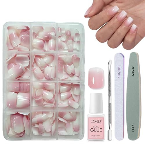 DMQ Ombre False Nails Kit with Glue, 240Pcs Natural Gradient Pink Fake Nails, Acrylic Square Press on Nails Pink Tips, 12 Sizes Glossy Full Cover Stick on Nail for Women Girls Nails Art