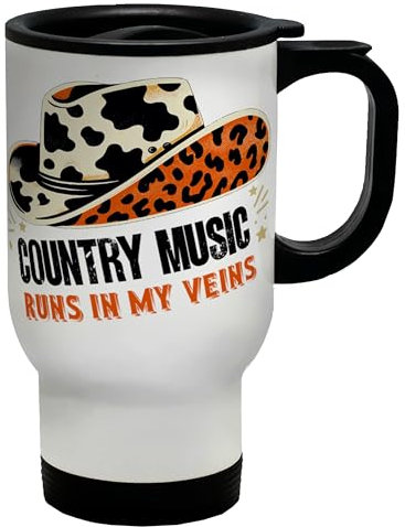 Shopagift Country Music Travel Mug Runs in My Veins Cowboy Hat Stainless Steel 14oz Cup