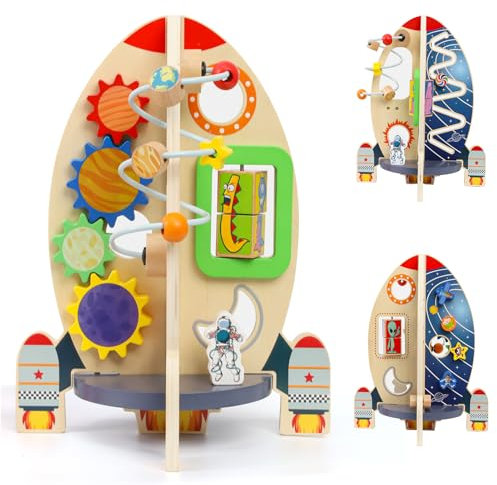 XIAPIA Holz Rakete Motorikspielzeug ab 1 Jahr, Montessori Spielzeug für Junge und Mädchen als Geburtstag Weihnachten Neu Jahr Geschenk 1 2 3 Jahre, Kinder Lernspielzeug Holzspielzeug Busy Board
