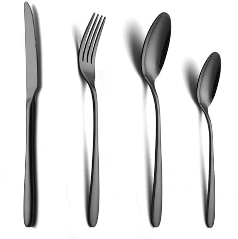 COPOTIO Couverts de table noir 6 personnes, Set de couvert acier inox 24 pièces, avec cuillère couteau fourchette