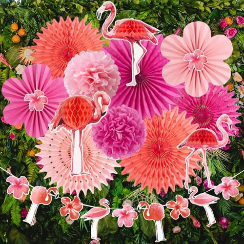 SUNBEAUTY Flamingo Party Decorations - Pink Paper Fans, Hanging Decorations, Tropical Party Kit for Summer, Hawaiian Luau, Tiki, Jungle Themed Parties