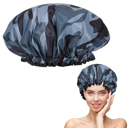 Oruola Double Layer Shower Caps for Women,Reusable Shower Cap,Waterproof,Camouflage Design,Premium Plastic Bath Hat for Long Short and Curly Hair with Ruffles Covering Ears