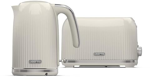 GEEPAS 1.7L Kettle & 2 Slice Toaster Kitchen Combo Set | 3000W Rapid Boil Cordless Kettle Auto Shut-Off | 1750W Toastie Machine 6 Browning Level Removable Crumb Tray Cord Storage | 2 Yr Warranty Cream