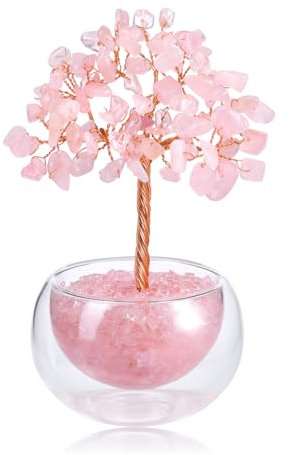 JOVIVI Bonsai Albero Artificiale in Pietre e Cristalli per Decorazione Interni 7 Chakra Albero della Vita Soprammobile Pietra Naturale con Vaso in Vetro Trasparente Ornamento Portafortuna Quarzo Rosa