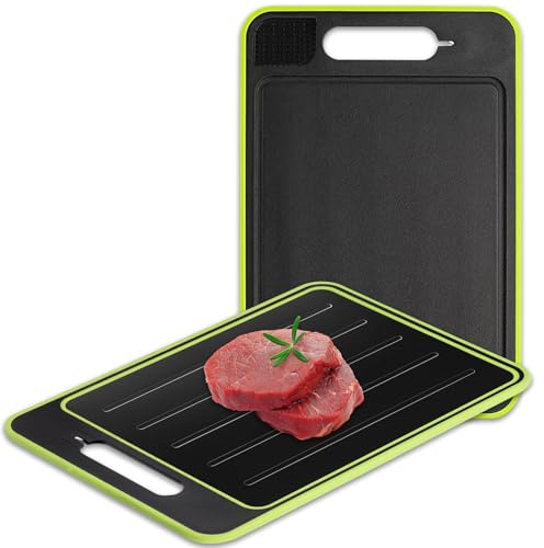 4 in 1Defrosting Board,Defrosting Tray, Defrosting Tray Double Sided As Chopping Board with Grater, Sharpener, Fast thawing of Frozen Food (Black 12.2x8.3x0.35 Inches)
