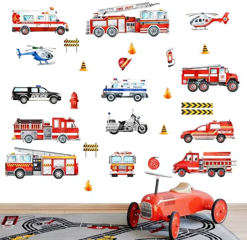 4 Stück Wandtattoo Feuerwehrauto, Feuerwehr Wandtattoo Autos, Wandaufkleber Autos Polizei Transporte Fahrzeug Wandsticker Wanddeko für Schlafzimmern