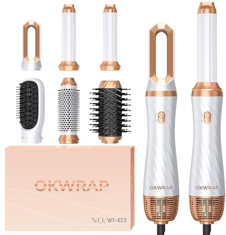 Airbrush 6 in 1 OKWRAP Airstyler Set Hair Styler 6 in 1 Hair Dryer Brush with Curl, Straighten, Volumise, Smooth and Hairdryer Brushes for Styling, Hot Hair Styler for All Hair Type/Length