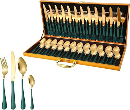 ZONSHJDKR Silverware set 48-Piece Stainless Steel Cutlery Set in Wooden Box for 12 People for Hotel Home Steak Knife, Fork and Spoon(Green Gold)