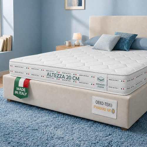 Materassi Russo - Materasso Singolo 90x200 in Memory Foam e Waterfoam, Alto 20 cm, Ortopedico Semi Rigido, Anallergico e Antiacaro, Tessuto Aloe Vera, Made in Italy
