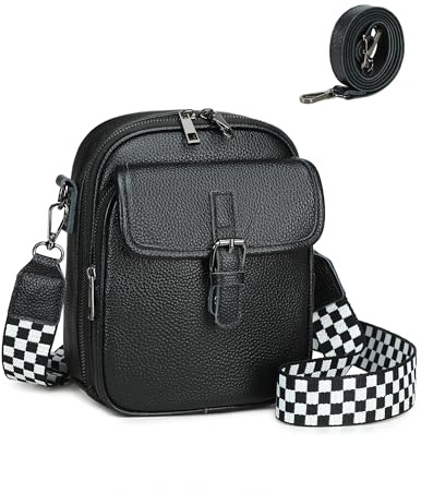 ibalulu Umhängetasche aus echtem Leder für Damen, RFID-blockierend, Anti-Diebstahl-Handygeldbörse, kleine Umhängetasche mit breitem Riemen, Schwarz, 6.5-inch (L) × 8.5-inch (H) × 3-inch (W), modisch