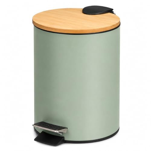 TIENDA EURASIA – Papelera Baño | Metal + Tapa de Bambú | Capacidad 3L | Medidas 17x21x23.5 cm y Cubo Interior 16.8x16.8x18.2 | con Pedal (Verde Menta)