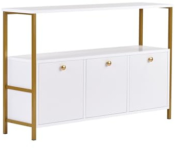 Moderner Konsolentisch, Weiß & Gold, 120 x 77 x 30 cm | 100% melaminbeschichtete Spanplatte, elektrostatische Pulverlackierung, PVC-Kantenband | stilvoll & funktional für Heimdekoration & Flur