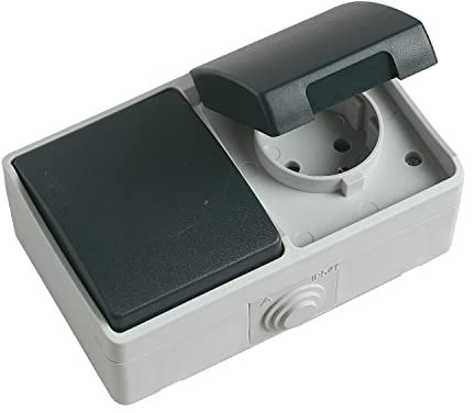 Amig - Interruptor Simple de Sobreponer con Base Schuko Estanca IP54 con Tapa Mod.3620 - Pulsador + Enchufe Apto para Exteriores e Interiores - Ideal para Terrazas, Jardines, Garajes o Trasteros