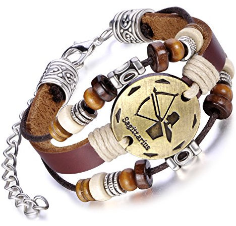 Feilok Elegant 12 Sternbild Bogenschütze Unisex Verstellbar Armbänder Armband Legierung Leder Beads Seil Armkette Armreif, Farbe: Braun