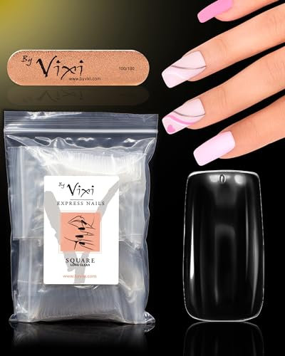 By Vixi 500 SET PER UNGHIE, LUNGHE QUADRATE con LIMA DI PREPARAZIONE, 10 misure - Trasparente, Estensioni per unghie finte a copertura totale per saloni e uso domestico