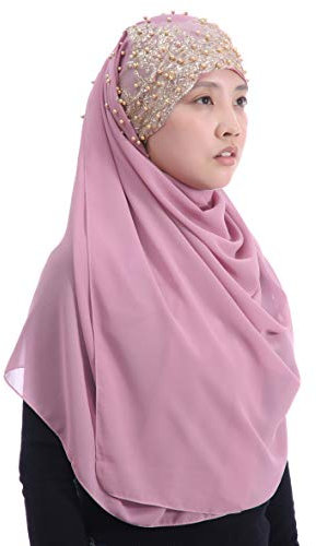 Lina & Lily Damen Hijab Kopftuch aus Chiffon mit Goldenen Pailletten & Glitzer & Perlen (Puderrosa)