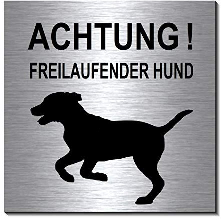 Achtung-Freilaufender-Hund-Schild 100 x 100 x 3 mm-Aluminium Edelstahloptik silber mattgebürstet Hinweisschild-1910-65