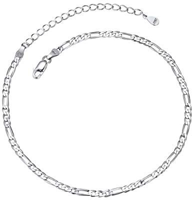 Bracelet de Cheville Argent Femme-Chaînes de Cheville Délicat-Bracelet de Pied Argent 925-3mm Largeur Maille Figaro 3+1-Réglable 23 à 28 cm-Bijoux Accessoires de Plage pour Femmes et Filles