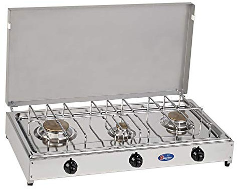 ALTIGASI prime FORNELLO DA TAVOLO PARKER GAS GPL (BOMBOLE) 3 FUOCHI VALVOLE SICUREZZA USO INTERNO PIANALE IN ACCIAIO INOX TELAIO GRIGIO,5523RSG
