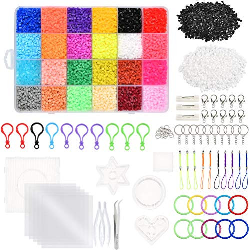 BUYGO O 13000 Stück 2,6 mm Mini-Sicherungsperlen-Set in 24 Farben zum Selbermachen von Kunsthandwerk, Sicherungsperlen für Erwachsene und Heimwerker mit Stecktafeln, Musterkarten, Pinzette Bügelpapier