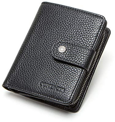 CONTACTS Echtes Leder Herren und Damen Geldbörsen Münzkarte Reißverschluss Knopf Geldbörse Mehrfarbig optional (Schwarz)