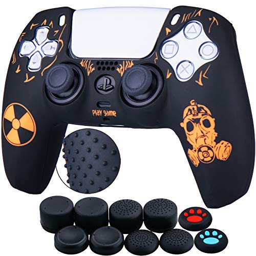 Yorha Lot de 10 Coques en Caoutchouc de Silicone pour Manette PS5 Dualsense (Orange Radiation) avec poignées de Pouce Professionnelles