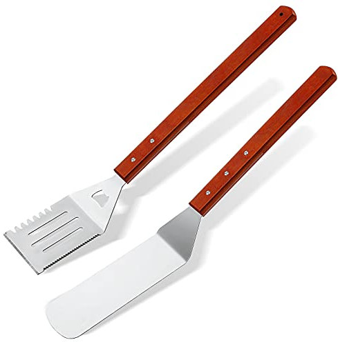 Patelai 20 Inch BBQ Extra Long Stainless Steel Grill Turner and Spatula Set, Slotted and Solid, Wooden Handle, 2 Pieces