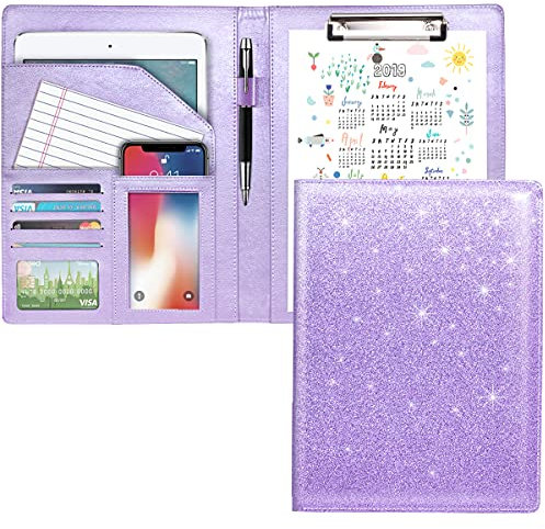 WAVEYU Padfolio, Lebenslauf-Portfolio-Mappe für Damen, niedlicher rosafarbener Padfolio-Ordner, Konferenz-/Rechtsdokumenten-Organizer mit Klemmbrett in A4-Größe, Dokumentenhülle, Glitzer/Violett