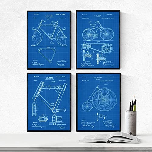 Nacnic BLAU Fahrrad Patent Poster 4er-Set. Vintage Stil Wanddekoration Abbildung von Sports und Alte Erfindungen. Verschiedene atletische Fitness Bilder ohne Rahmen. Größe A4.