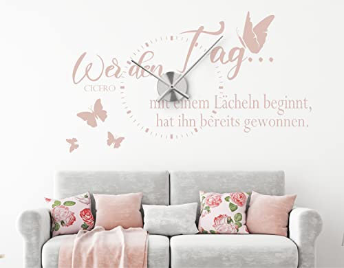 Wandtattoo Uhr mit Uhrwerk Zitat Wer den Tag mit einem Lächeln beginnt Wanduhr Küche Wohnzimmer DIY von timalo® – 30 Farben | 76065-Altrosa-M-100x58-Uhr-schwarz