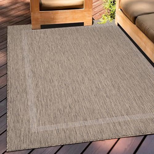 Teppium Outdoor Teppich Wetterfest 120 x 170 cm Braun Sisal Optik - Küchenteppich Waschbar rutschfest, Wasserfest, Bordüre, Pflegeleicht - Ideal für Balkon, Terassen, Garten, Camping oder Küche