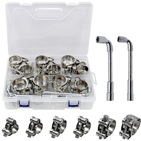 CNQLIS 32 pcs 6 Size T-bolt Hose,Heavy Duty Hose Clamps Assortment Kit,304 Stainless Steel Hose Clamp with 2pcs Socket Wrench,Suitable for plumbing, automotive and industrial applications