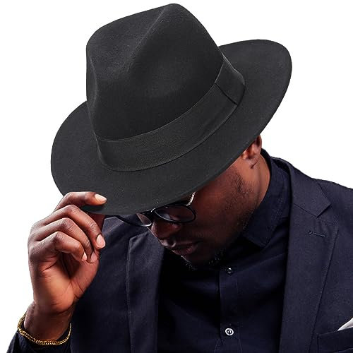 Ruphedy Woll-Fedora-Hüte für Herren und Damen, breite Krempe, Filz-Panamahut, Schwarz, M
