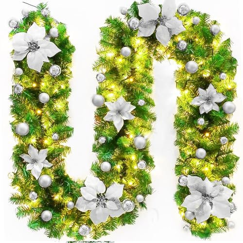 2.7M Christmas Garland Decorations, Christmas Garland with LED Lights, Artificial Christmas Decoration Garland for Fireplaces, Stairs, Interior Decoration, Christmas Ornament Decoration(silver)