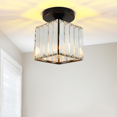 FORCOSO Ceiling Lights, Semi Flush K9 Crystal Chandelier Lamp with Metal Lampshade, E27 Black Ceiling Lighting, Modern Light Fittings for Kitchen Hallway Living Room Bedroom Hall Home Decoration