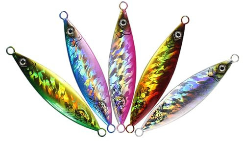 Salzwasser-Jigköder-Set, 5-teilig, schnelle Geschwindigkeit, langsame Jigs, Laserfarbe, 3D-Augen, sinkende vertikal, Metallvorrichtung, Fischköder, Thunfisch (5 Stück, 40 g)