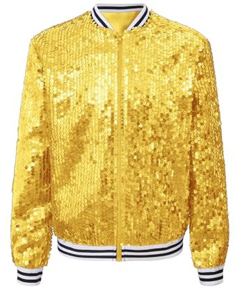 inhzoy Unisex Kinder Glänzende Pailletten Jacke Langarm Glitzer Bomberjacke Mit Reißverschluss Sport Freizeitjacke Streetdance Hip Hop Jacke Gold_A 158-164