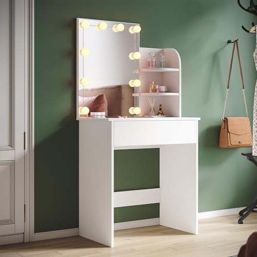 SUNXURY Kleine Schminktisch mit Hollywood-Lichtern Viel Stauraum Frisiertisch für mädchen Kann als Schminktisch oder Arbeitstisch verwendet Werden 70x40x140cm (Weiß)