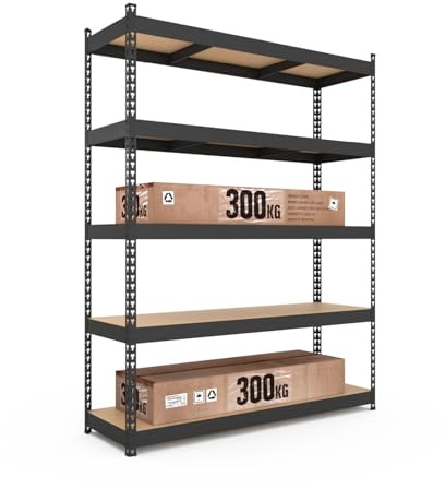 baudim Schwerlastregal Titan Gesamtlast 1500 kg 5 MDF-Böden Schwarz robuste Steckregal, 216x120x60 cm, Lagerregal, Kellerregal, Garagenregal, Werkstattregal