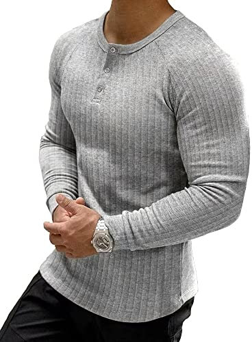 Muscle Cmdr Men's Ribbed Henley Shirt Slim Fit Muscle Shirt Fitted Cotton Long Sleeve Casual T-Shirt Grey/L