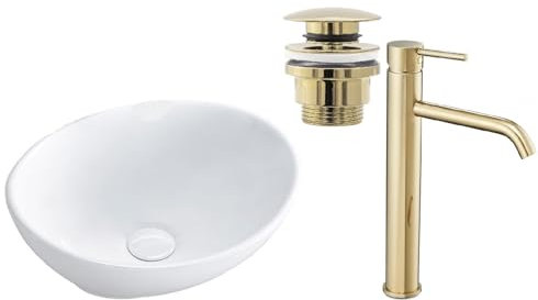 GTM Design Aufzatzwaschbecken mit Armatur - Waschbecken mit Hahn - Waschbeckenarmatur Gold - Aufzatzwaschbecken Oval - Waschbecken Weiß Glanz - Aufsatzwaschbecken mit Armatur komplett Set