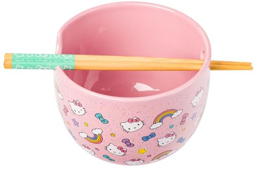 Silver Buffalo Sanrio Hello Kitty Bows Stars Rainbow Pattern Ceramic Ramen Noodle Rice Bowl with Chopsticks, Microwave Safe, 20 Ounces