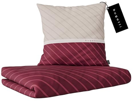 bugatti Bettwäsche 140 x 200 cm - 100% Baumwolle, Reißverschluss, anschmiegsam, weich & waschbar, Mako Satinbettwäsche gestreift dunkelrot beige Österreich Größe