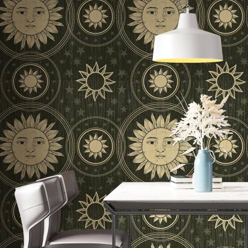 LZH-LP Self Adhesive Wallpaper Golden Sunflowers Peel and Stick Contact Paper, 44x600CM Green Background Removable Decorative Film for Cabinet Furniture