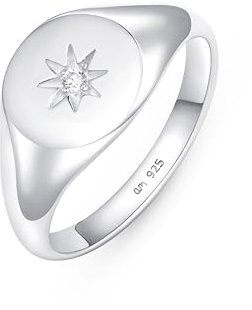 Amberta Siegelring Damen aus 925 Sterling Silber | Kleine Fingerringe für Mädchen | Stapelringe Damen | Sterling Silber Ring Damen - Siegel Ringe Silber Stern Ringgrösse 52.5