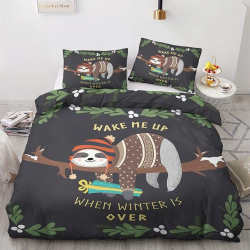 Faultier Bettwäsche 155x220 Winter - Cartoon Tiere Kinder Bettbezug 155x220 3 Teilig, Weiche & Angenehme Mikrofaser Bettbezüge & 2 Kissenbezug 80x80, Bettwäsche-sets mit Reißverschluss G#&-298